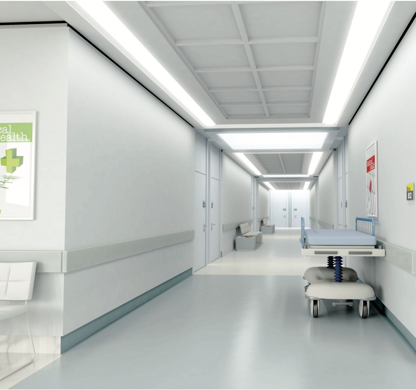 Pasillo de recinto de salud con tabiques acústicos de alta performance en construcción en seco