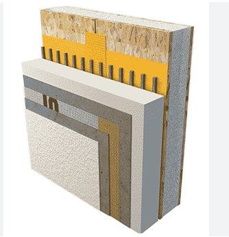Capas del sistema EIFS sobre tablero estructural: EPS, mortero base con malla y acabado texturado